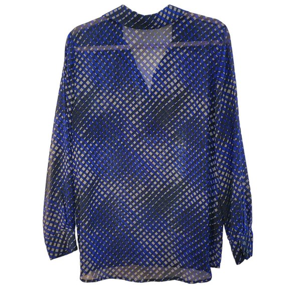 Pleione Blue Multicolor Geometric V Neck Long Sleeve Tunic Blouse Women Size M - Picture 2 of 9